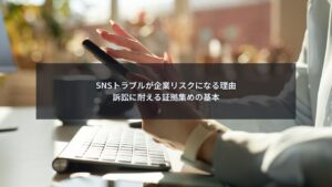 SNSトラブルが企業リスクとなり訴訟に備えて証拠集めを行う企業担当者のイメージ